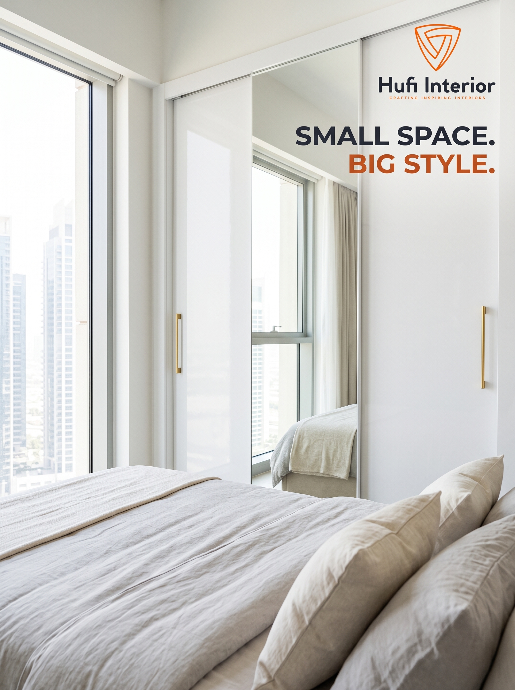 Wardrobe in Dubai apartment bedroom with skyline view