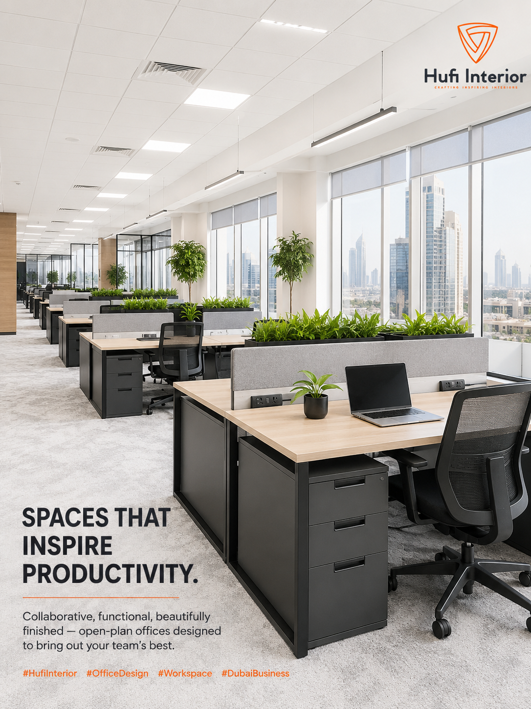 Open-plan office with greenery