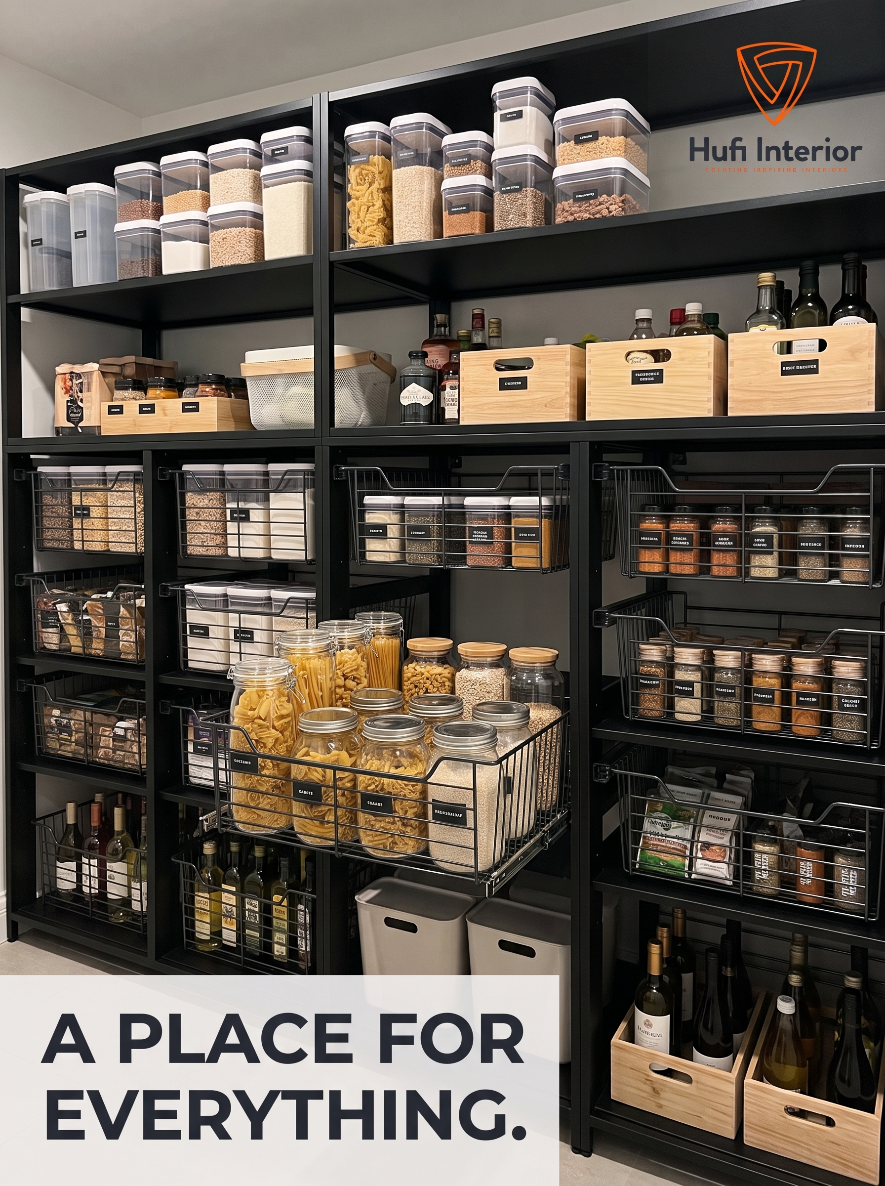Wire shelving pantry with labelled jars
